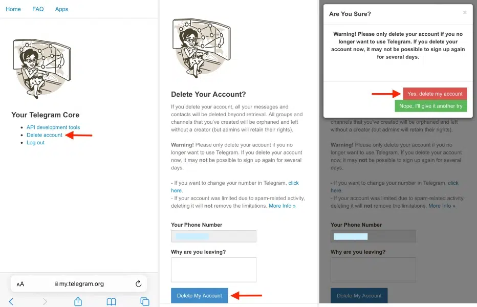 دیلیت اکانت تلگرام از طریق وبسایت