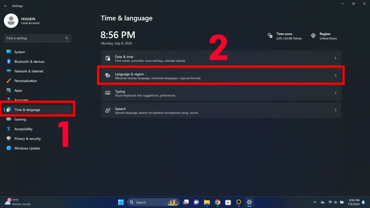 تنظیمات زبان در ویندوز 11