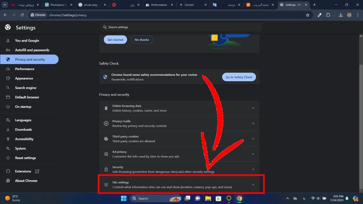 تنظیمات سایت در گوگل کروم