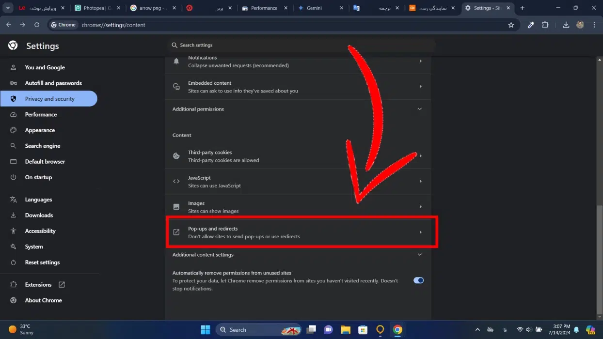 تنظیمات صفحه پاپ آپ در کروم