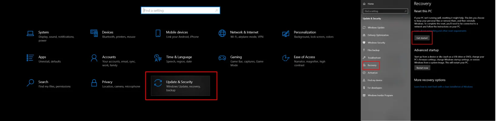 بازنشانی از طریق تنظیمات ویندوز